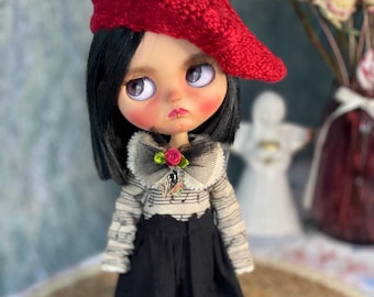 Long Blythe vintage dress with beret, Blythe dress, Blythe doll dress, boho blythe dress, Retro blythe dress, Outfit for blythe doll, Pullip