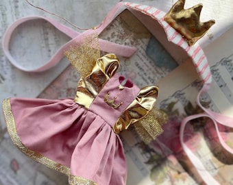 May include: A pink and gold dress with a gold crown and tulle wings. The dress has a gold trim and a heart-shaped detail on the bodice.