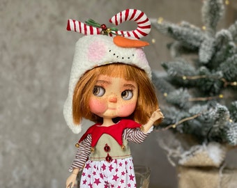 Doll Christmas Embroidered Vintage Suit, Blythe Doll Outfit Set Clothes, Blythe winter outfit, bluthe custom snowmen hat, blythe costume
