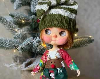 Christmas suit for blythe, outfit blythe, Elf cap for blythe, cap and jumpsuit  for blythe , pointed hat for blythe, clothes and blythe