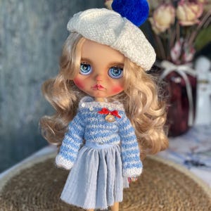 clothes  set for Blythe collection doll. Doll outfit  costume for blythe doll skirt sweater and beret, blythe clothes,  Obitsu 24/22
