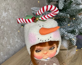 Snowman Blythe hat, Christmas hat for Blythe doll,  blythe winter hat, outfit blythe ,Blythe clothes, funny blythe hat