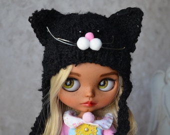 Black knitted hat for Blythe doll, Cat crochet hat for blythe, Outfit for Blythe, Blythe Crochet Hat, Blythe clothes, blythe Helmet, bonnet