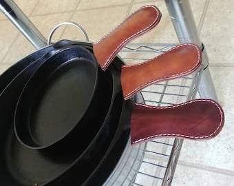 Full Grain Leather Cast Iron Skillet Handle Cover: Saddle Brown Harness Stitching