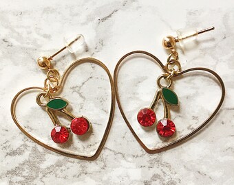 CHERRY EARRINGS HOOPS - cherry earrings studs - hoop earrings - fruit earrings - heart shaped earrings - heart hoops - heart earrings