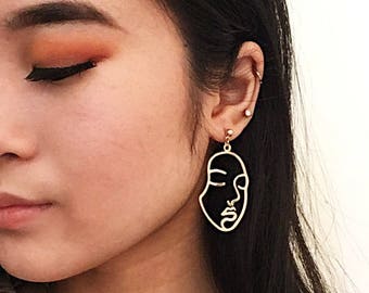 GOLD FACE EARRINGS wire - gold earrings handmade- gold hoop earrings- gold geometric earrings -gift for her - gold dainty earrings -