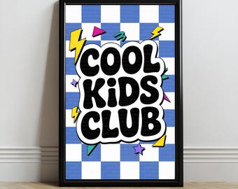 Cool Kids Club – wydruk w kratkę | Cytat dla dzieci w stylu retro | Dekoracja do pokoju zabaw w kratkę w stylu retro | Zabawny wydruk na ścianę