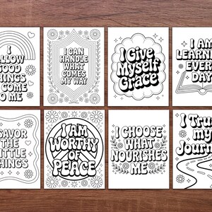 May include: Eight white cards with black text and illustrations. Each card features a different inspirational quote, such as "Allow Good Things to Come to Me" and "I Can Handle What Comes My Way." The cards have a retro, groovy aesthetic with floral and rainbow designs.