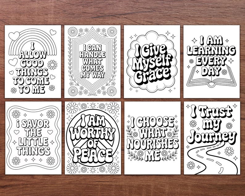 May include: Eight white cards with black text and illustrations. Each card features a different inspirational quote, such as "Allow Good Things to Come to Me" and "I Can Handle What Comes My Way." The cards have a retro, groovy aesthetic with floral and rainbow designs.