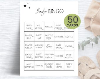 50 Baby Shower Bingo Cards, Printable Baby Bingo Download, Prefilled Baby Bingo Game Cards, Baby Shower Game, Minimalist Baby Game