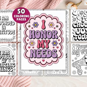 50 Affirmation Coloring Pages, Self Love Coloring Book, Stress Relief Therapy Worksheets, Self Care Coloring Page, Relaxing Coloring Print image 1
