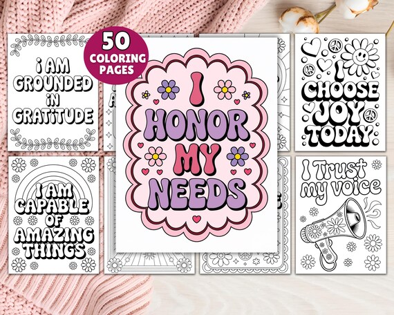 50 Affirmation Coloring Pages, Self Love Coloring Book, Stress Relief Therapy Worksheets, Self Care Coloring Page, Relaxing Coloring Print