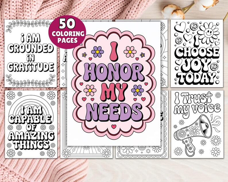 50 Affirmation Coloring Pages, Self Love Coloring Book, Stress Relief Therapy Worksheets, Self Care Coloring Page, Relaxing Coloring Print image 1