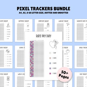 Può includere: Un pacchetto di pixel tracker con vari modelli, tra cui tracker di compiti, felicità e sintomi. Il pacchetto include formati A4, A5 e US Letter, con opzioni a puntini e non. L'immagine presenta anche un tracker "Rate My Day" e un'etichetta "50+ Pages".
