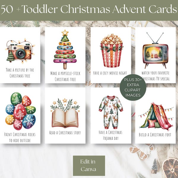 Christmas Advent Activity Cards for Families, Advent Calendar for Kids, Editable Advent Cards for Toddlers, Printable Kid Advent Cards
