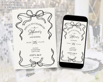 Editable Black Bow Birthday Invitation, Coquette Black Ribbon Invite Template, 30th Birthday Classy Party Invite, Minimalist Birthday Invite