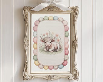 Farm Animal Highland Cow Nursery Print | Vintage Pink Nursery Decor | Blush Pink Wildflowers Nursery Wall Decor | Girl's Room Nursery Art
