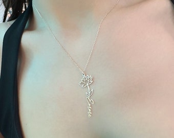 Collar de flor de nacimiento personalizado: collar con nombre en plata de ley