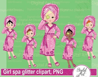 Spa girl clipart printable, pink spa robes, cute characters in bath robe, birthday clipart, African-American png, Scrapbook images, glitter