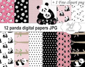 Panda Digital Papers, Animal Digital Scrapbooking Paper, Invitaciones, Tarjetas, Imprimibles, Planificador, Digi-Scrapping Background, Pink Baby Theme