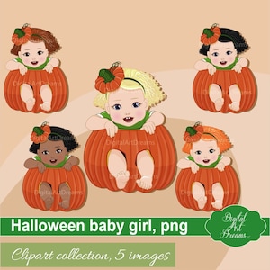 Clipart per bambini di Halloween - Clipart di zucca - Zucca carina - Clip art di Halloween - Clipart per ragazza nera - Grafica digitale - Zucca png