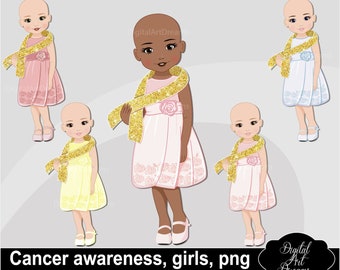 Cancer Awareness Clipart, Gold Ribbons, Bald Little Girl Clip Art, Cute Character Graphics, Golden Cancer Ribbon Printables, Girls Image png