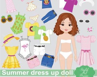 Muñeca de papel imprimible - Recortar ropa - Clipart de chica de moda - Muñecas de papel originales - Vestido de verano - Dibujo digital - Clip art - Imagen png