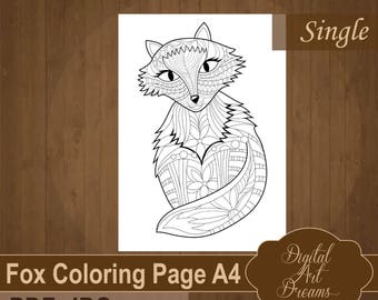 Fox Coloring Page For Adults Cute Detailed To Color PDF Printable Animal Pages Adult A4 Instant Download