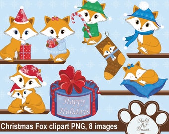 Woodland Fox Clipart, Cute Foxes PNG, Baby Fox Graphics, Ilustración de Navidad, Animales del Bosque de Invierno, Imprimibles de Fiesta, Bordado de Navidad