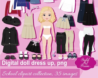 Paper doll dress up - Printable paper dolls - School uniform clipart - School clipart - Little girl - Cut out clothes - High school student