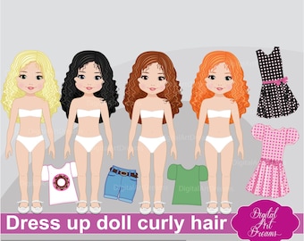 Dress Doll Clipart, Little Girls Clip Art, Cute Characters png, Curly Hair Graphics, Doll Constructor, Summer Clothes, Planner Printables