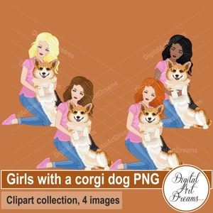 犬のクリップアート、コーギーのクリップアート、ウェルシュ コーギー、犬を連れた女性、キャラクター アート、イラスト、アフリカ系アメリカ人の女の子、ジーンズ、動物、子犬 png