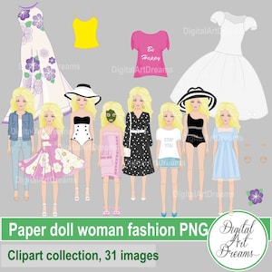 Paper Doll Clipart, Woman Dress Up Clip Art, Cute Character Graphics, Doll Constructor PNG, Digital Clothes Summer Spring Fashion Printables