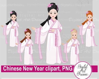 Clipart del Año Nuevo Chino - Clipart chica asiática - Niña pequeña png - Clip art del Año Nuevo Lunar - Obras de arte digitales - Scrapbooking art, Creación de tarjetas