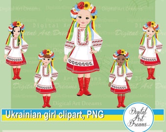 Clipart de niña ucraniana, imágenes de vyshyvanka, corona floral, vestido bordado png, lindo diseño de personajes, arte de niña negra, arte digital