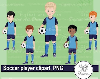 Clipart de fútbol - Clipart de fútbol - Jugador de fútbol png - Balón de fútbol - Equipo azul - Imágenes prediseñadas deportivas - Diseño de personajes lindos - Imágenes imprimibles
