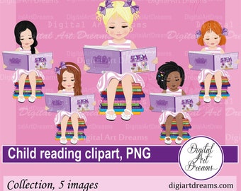 Girl with books clipart - School clip art - Reading clipart - Pupil clipart - Png images - Digital artwork - Cute characters - Scrapbooking
