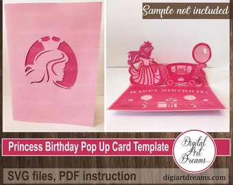 Plantilla de tarjeta emergente Princess, archivos SVG, tarjetas de feliz cumpleaños, Cricut cortado en papel, carruaje Princess, archivo de corte SVG, instrucciones en PDF