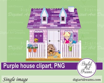 House clipart - Purple house clip art - Little girl clipart - Png image - Digital artwork, Cute characters, Scrapbooking, Card making, corgi