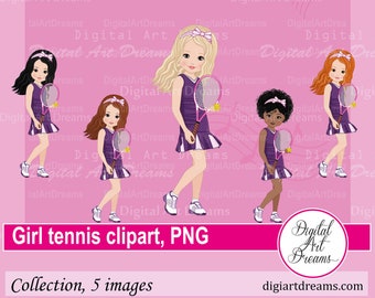 Tennis clipart - Little girl png - Tennis player - Sports graphics - Cute characters - African American art - Scrapbooking - Printables