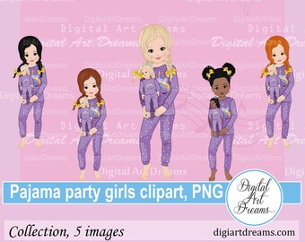 Pajama party clipart - Slumber party clipart - Mom me clipart - Girls with dolls clipart - Girl doll clipart - Black girl clipart - PNG art