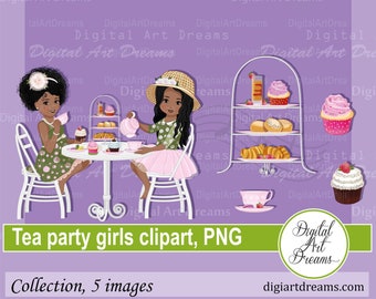 Clipart tea party - African American - Black girl png - Tea party printables - Diseño de personajes - Tea party png - Scrapbook images - Artwork