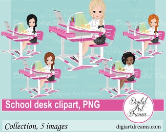 School clipart - Desk clipart - Little girl clipart - Png images - School clip art - Digital artwork - Cute characters - Scrapbooking