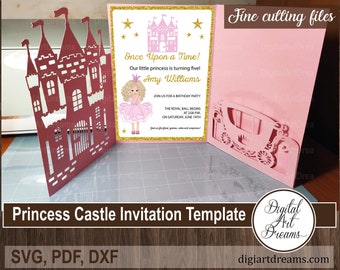 Birthday invitation template Cricut, Tri-fold and pocket birthday invitations, Princess castle, Laser cut, SVG cut files, Papercut DXF, PDF