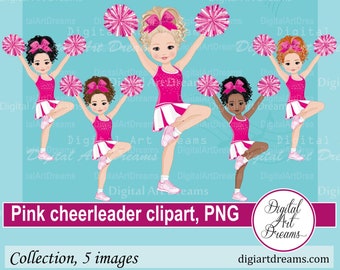 Clipart de cheerleader - Chicas con uniforme rosa - Clipart de niñas lindas - Cheerleaders png - Clipart deportivo - Arte digital - Imágenes de animación