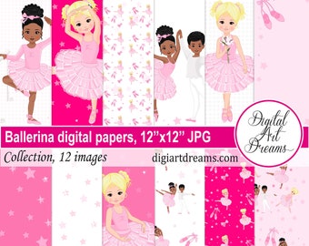 Ballerina digital papers - Pink ballet - Scrapbooking paper - Cute backgrounds - Dancing girl images - For invitations, cards - Printables
