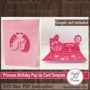 Modèle de carte pop-up princesse, fichiers SVG, cartes de joyeux anniversaire, papier découpé Cricut, carrosse de princesse, fichier de coupe SVG, instructions PDF