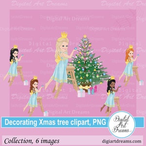 Clipart de Natal, Menina decorando árvore de Natal, Desenhos de Natal png, Personagens fofinhos, Imagens digitais, Scrapbooking de Natal, Criação de cartões