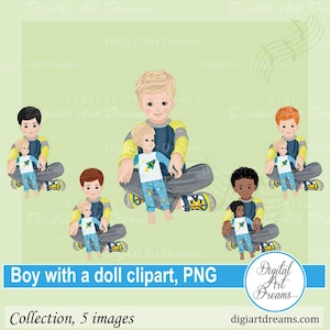 人形を持つ少年のクリップアート、人形で遊ぶ少年、PNG 画像、黒人少年のクリップアート、イラスト、キャラクター デザイン、デジタル アート、子供