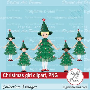 Clipart ragazza di Natale - Clipart di Natale - Disegni png natalizi - Abito albero di Natale - Opere d'arte digitali - Scrapbooking - Creazione di carte